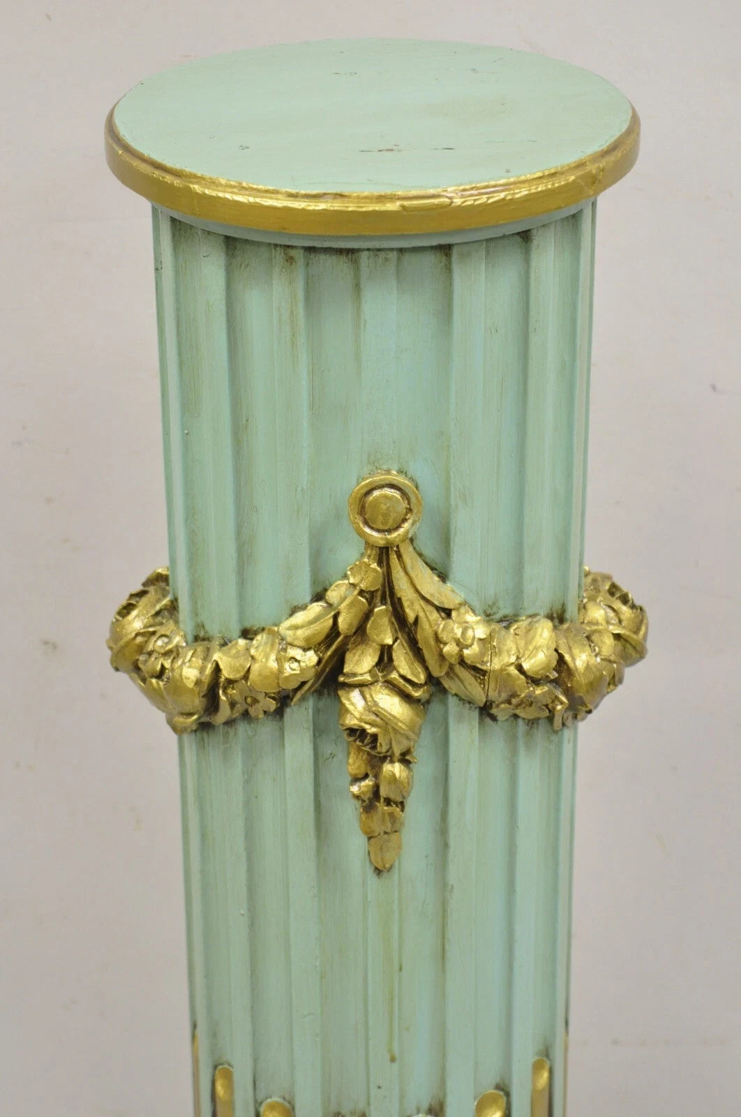 Antique French Empire Neoclassical Green & Gold Painted Wooden Column Pedestal