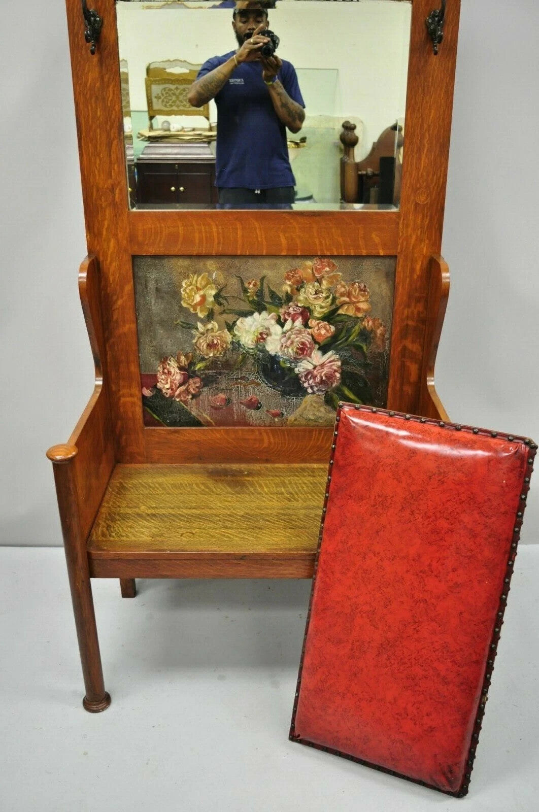Antique Arts & Crafts Mission Oak Hand Painted Hall Bench Coat Rack w/ Mirror