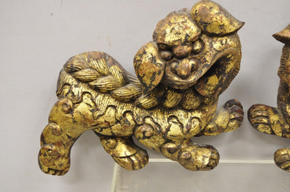 Vintage Carved Wood Gold Gilt Chinese Foo Dog Figurines - a Pair