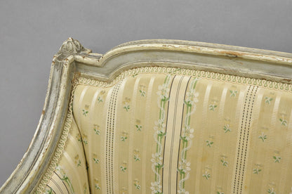 Antique French Louis XVI Style Cream Distress Painted Petite Canape Settee Sofa