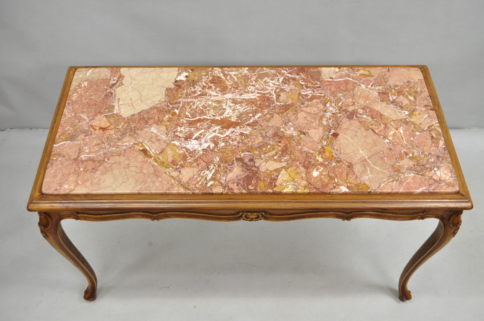 Antique French Louis XV Style Carved Walnut Rouge Marble Top Console Hall Table