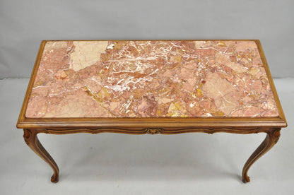 Antique French Louis XV Style Carved Walnut Rouge Marble Top Console Hall Table