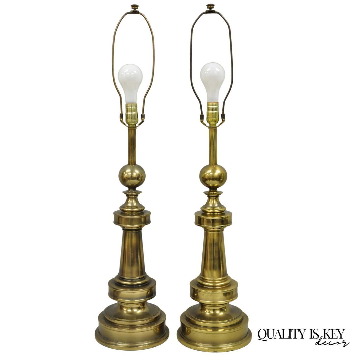 Vintage Stiffel Neoclassical Brass Cannonball Column Table Lamps - a Pair