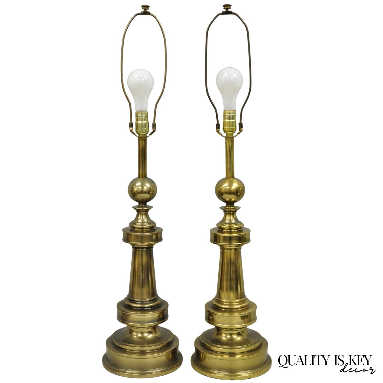 Vintage Stiffel Neoclassical Brass Cannonball Column Table Lamps - a Pair