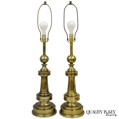 Vintage Stiffel Neoclassical Brass Cannonball Column Table Lamps - a Pair
