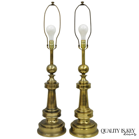 Vintage Stiffel Neoclassical Brass Cannonball Column Table Lamps - a Pair