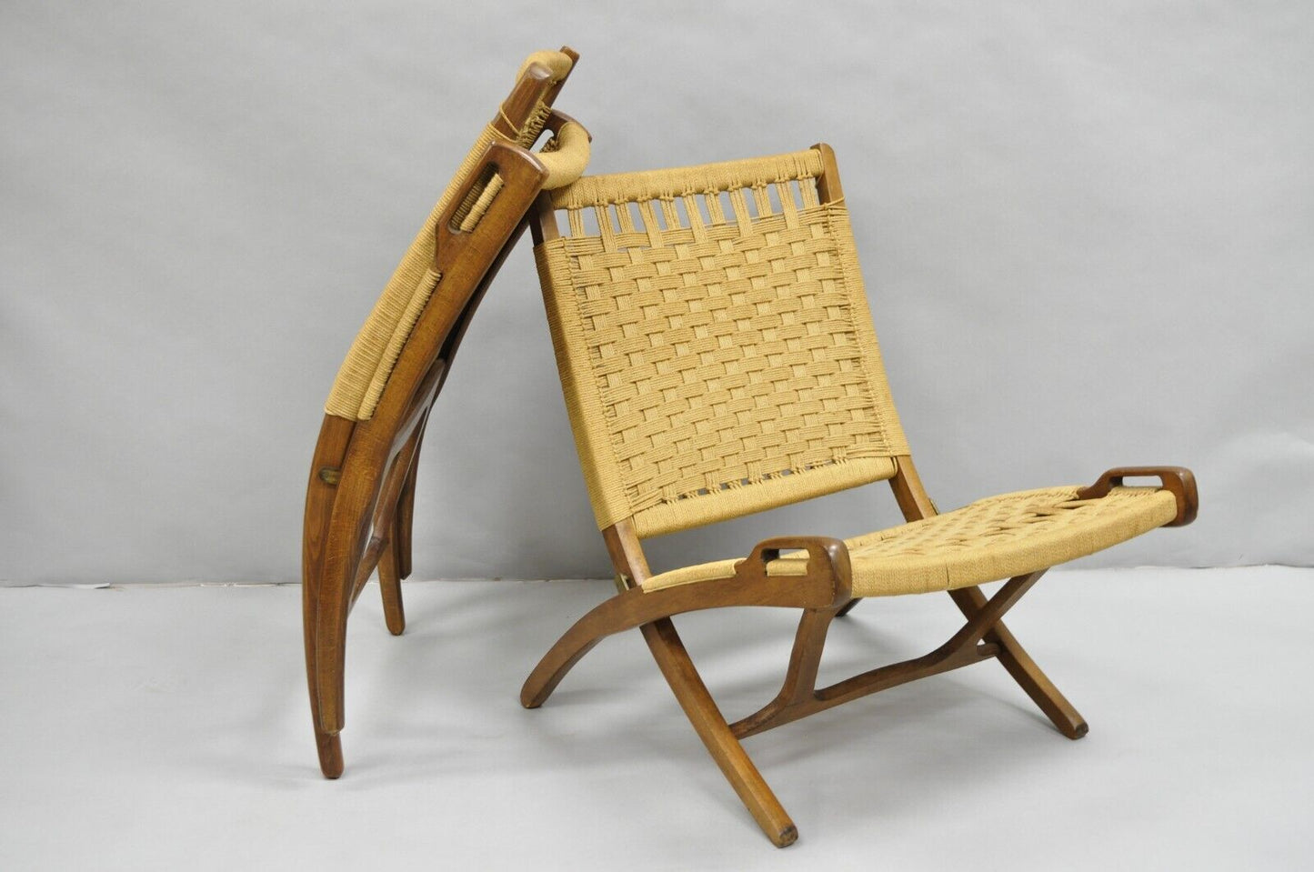 Vintage Mid Century Modern Woven Rope Wooden Folding Lounge Chair - a Pair
