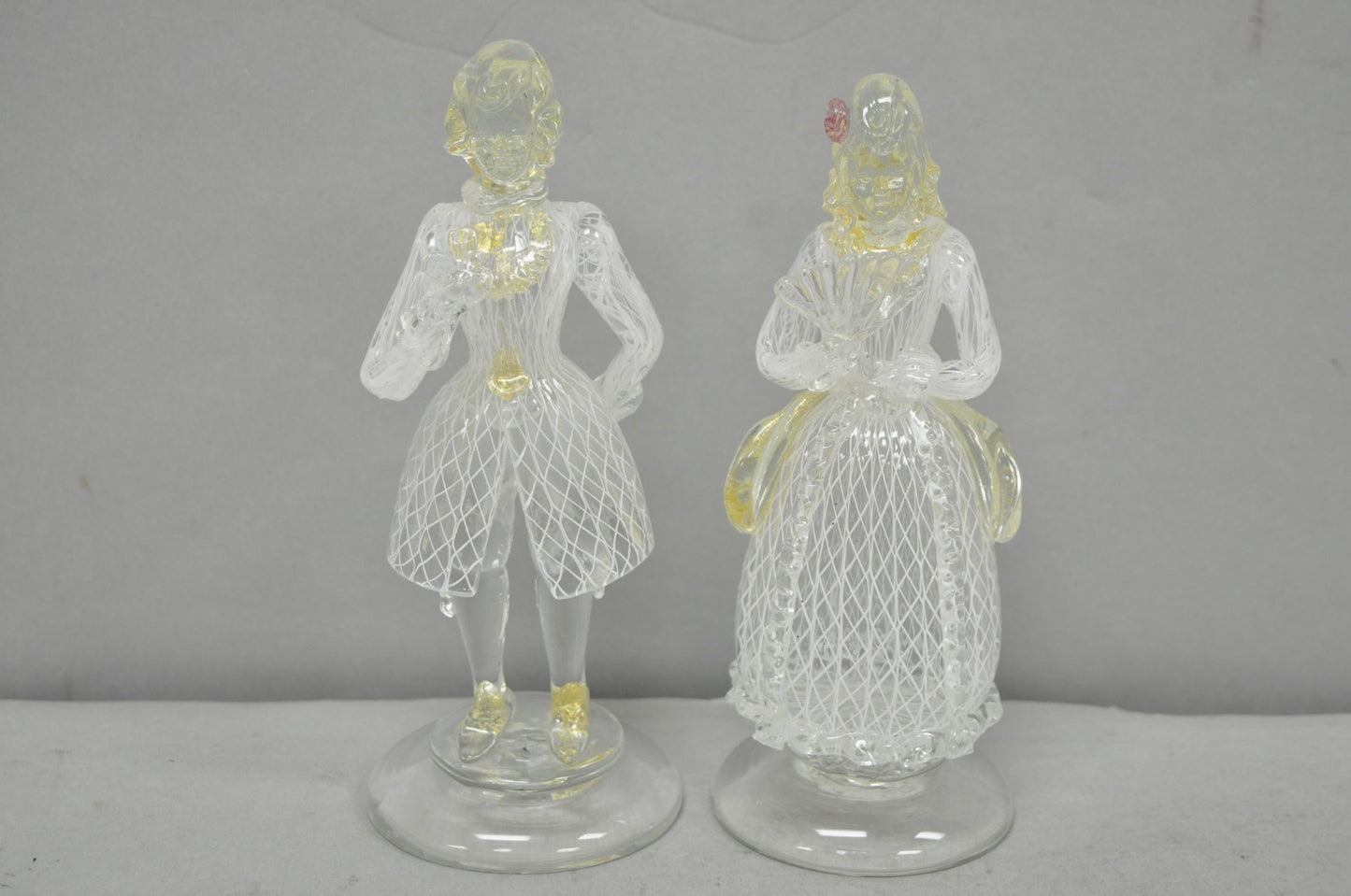 Vintage Italian Murano Latticino & Gold Leaf Art Glass Male & Female Figure Pair