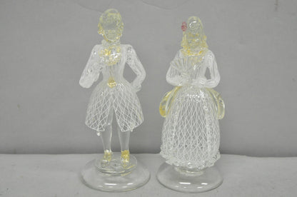 Vintage Italian Murano Latticino & Gold Leaf Art Glass Male & Female Figure Pair
