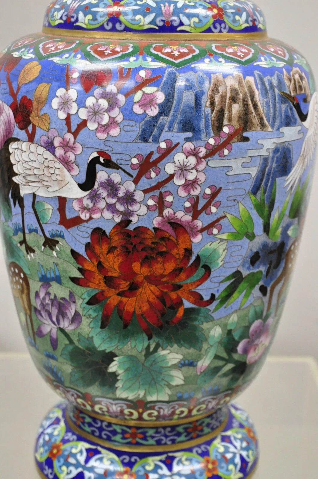 Vintage Chinese Cloisonné Porcelain Enamel Figural Crane and Deer Vase - a Pair