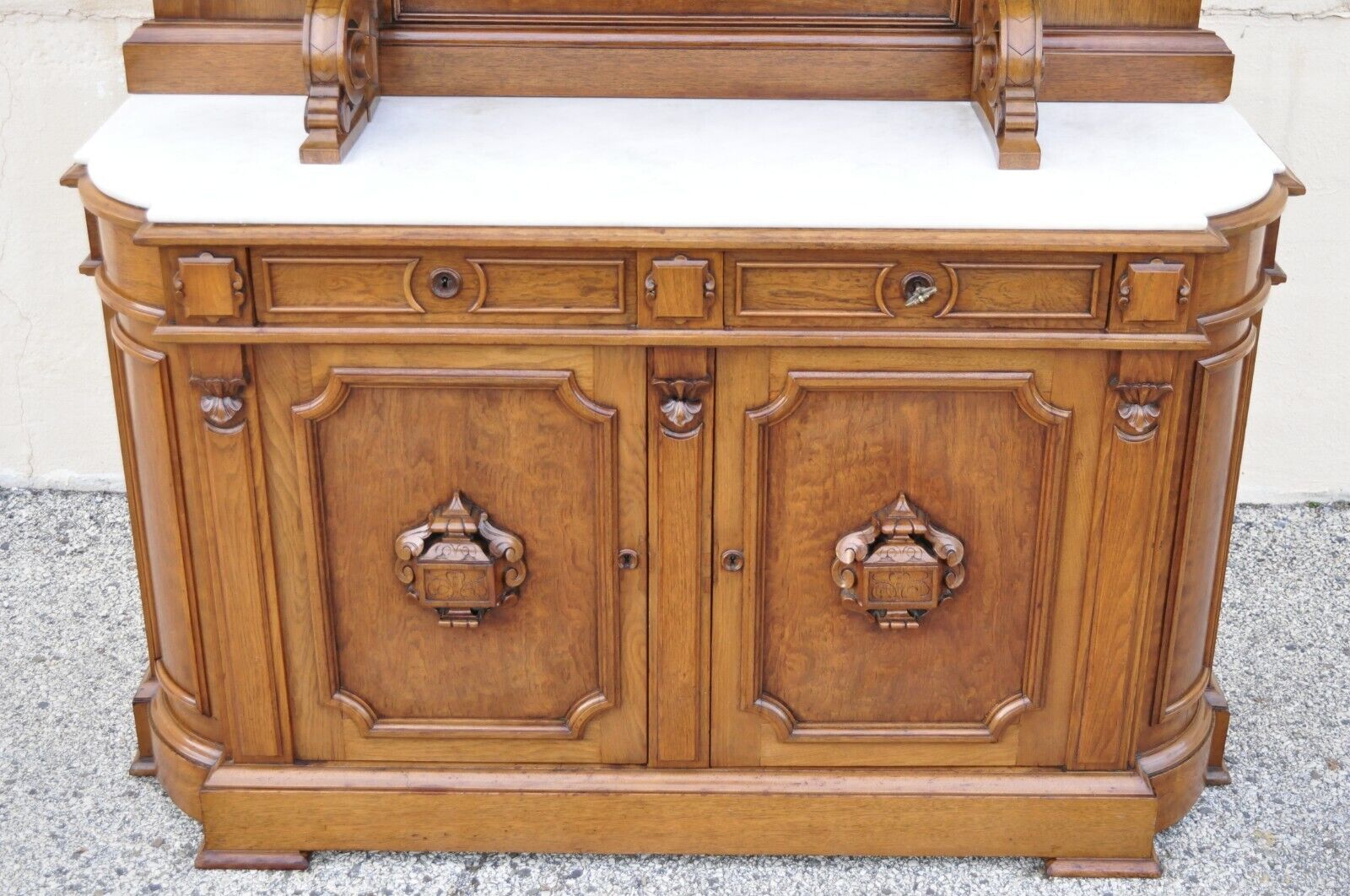 Victorian Carved Walnut Marble Top Custom Sideboard Buffet Cabinet w/ Backsplash