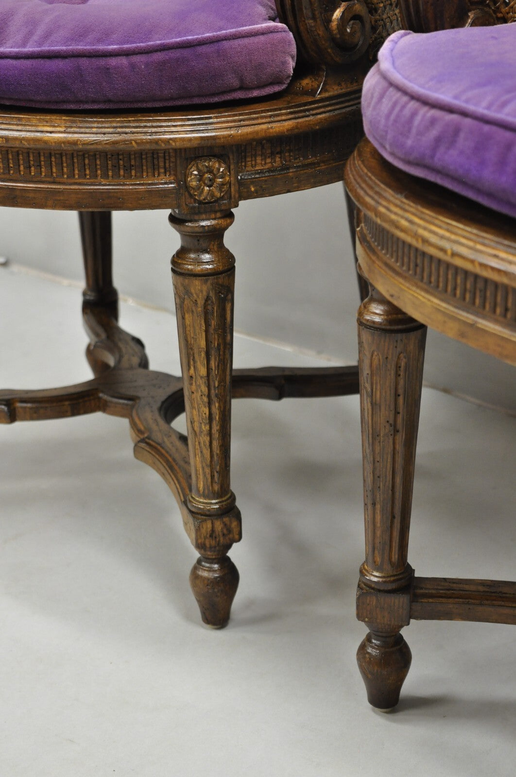 Vintage French Louis XVI Style Cane Balloon Back Walnut Arm Chairs - a Pair