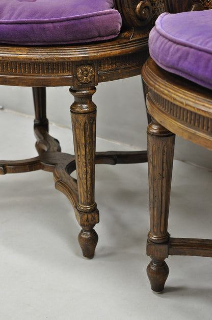 Vintage French Louis XVI Style Cane Balloon Back Walnut Arm Chairs - a Pair