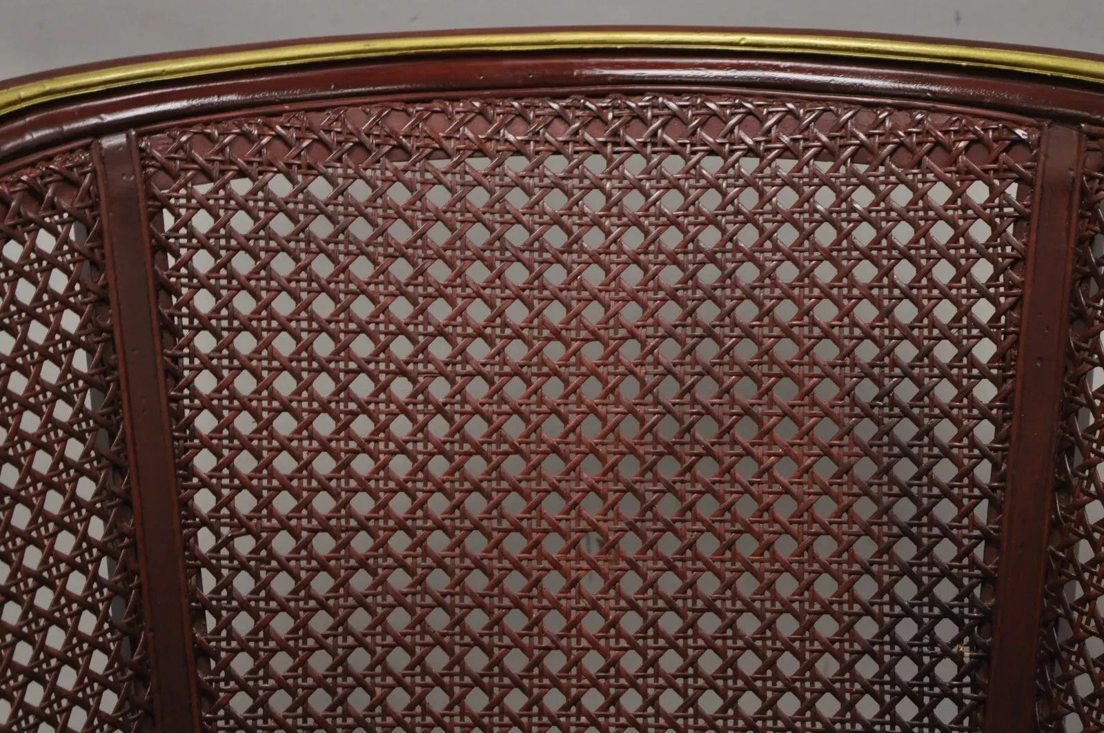 Vintage French Louis XV Style Red Lacquer & Gold Cane Bergere Lounge Club Chair