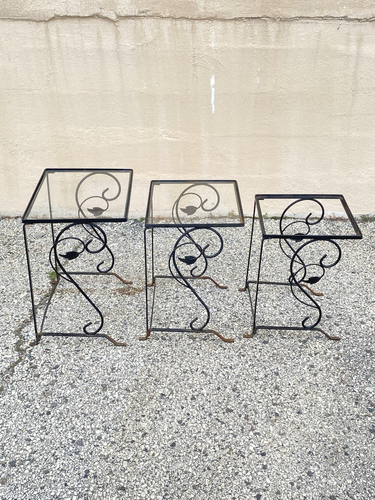 Vintage Art Nouveau Salterini Wrought Iron Garden Nesting Side Tables - 3 Pc Set