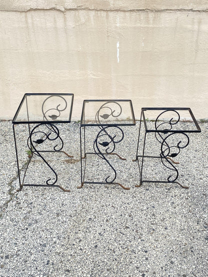 Vintage Art Nouveau Salterini Wrought Iron Garden Nesting Side Tables - 3 Pc Set