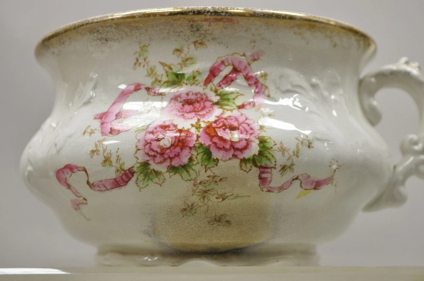 Antique WH Tatler Porcelain Pink Rose Flower Victorian Bath Wash Basin, 4 Pc Set