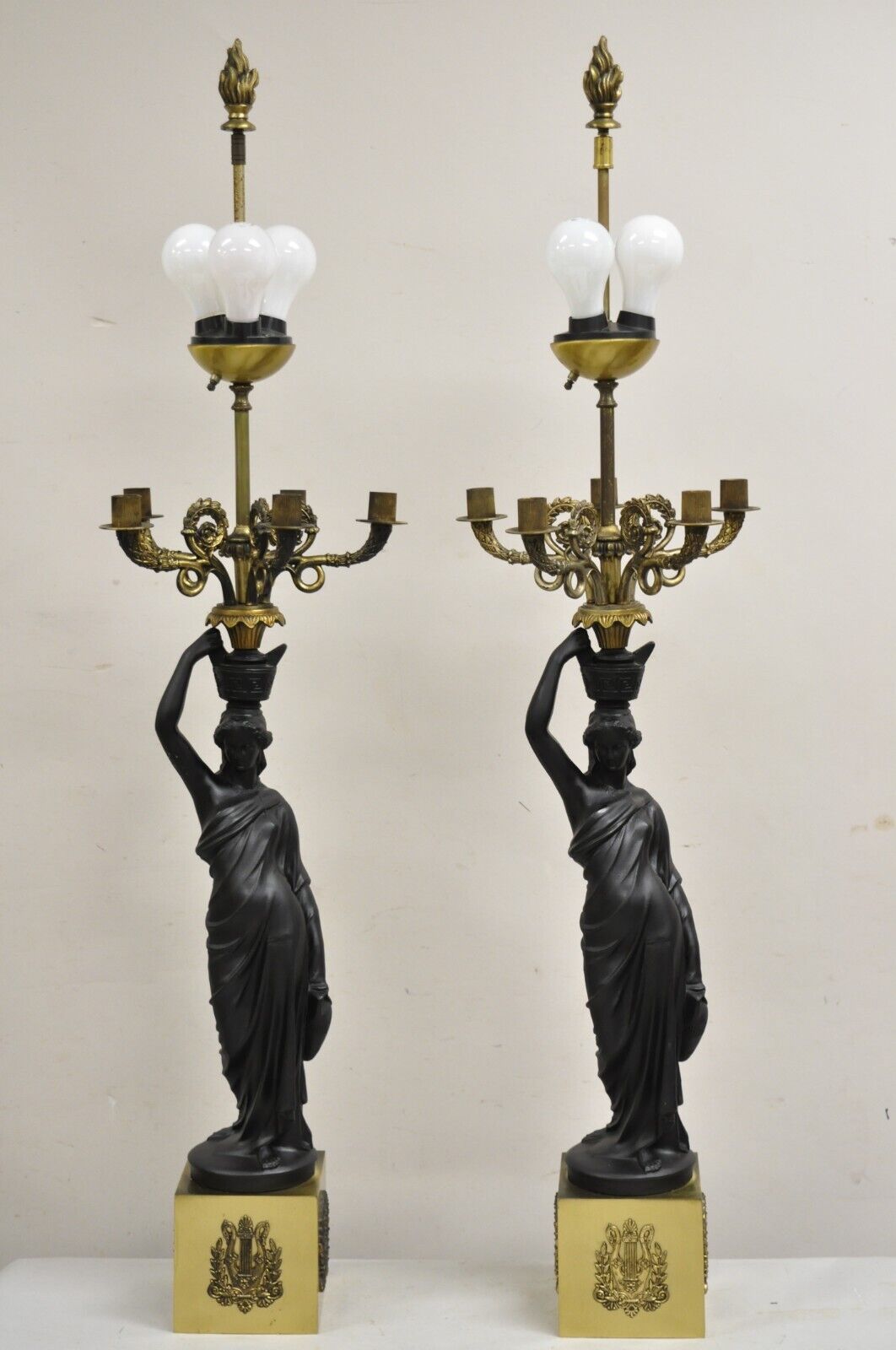 French Empire Neoclassical Style Figural Maiden Candelabra Table Lamps - a Pair