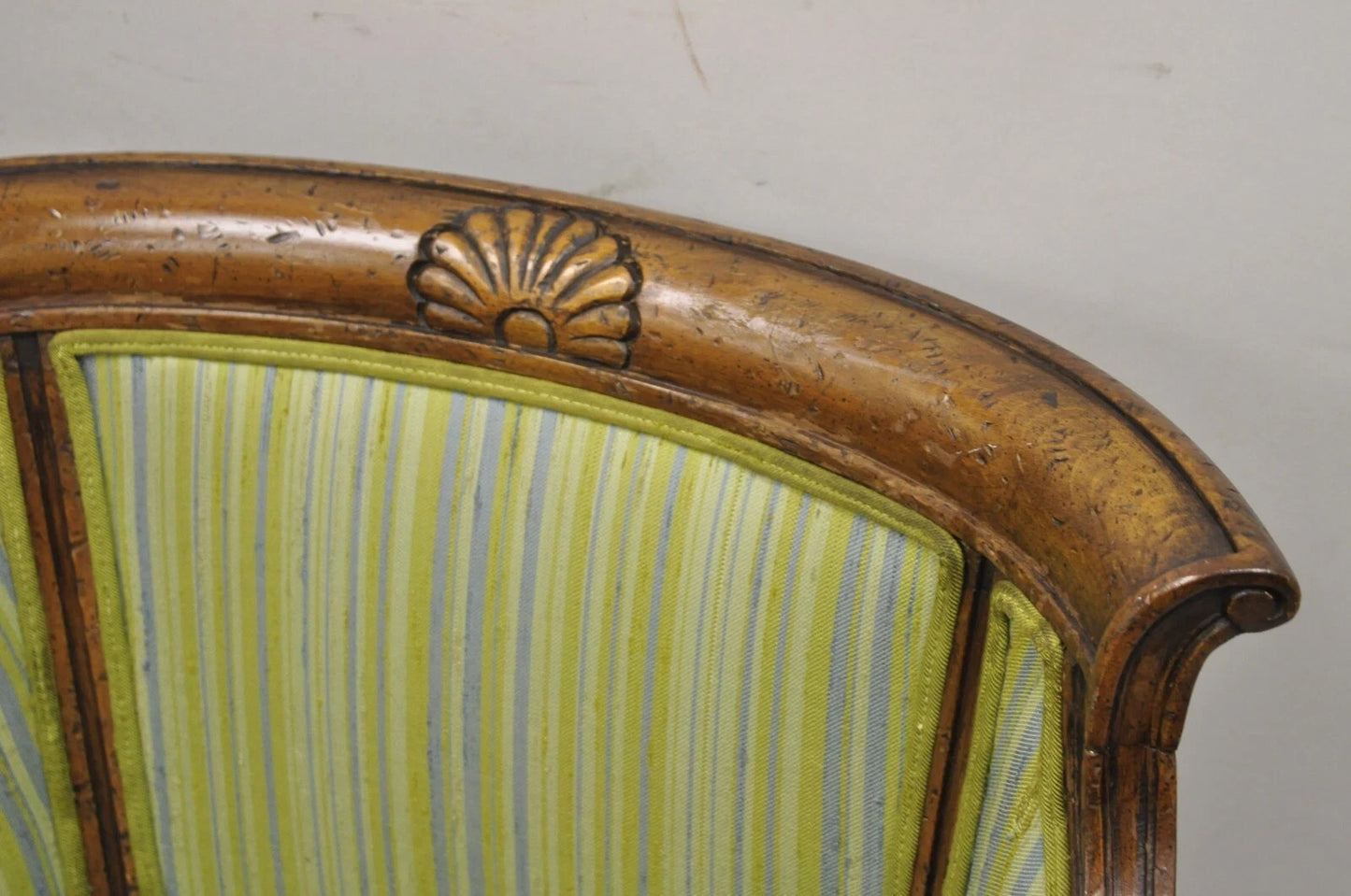 Antique Italian Regency Distress Carved Walnut Barrel Back Club Arm Chair, Pair