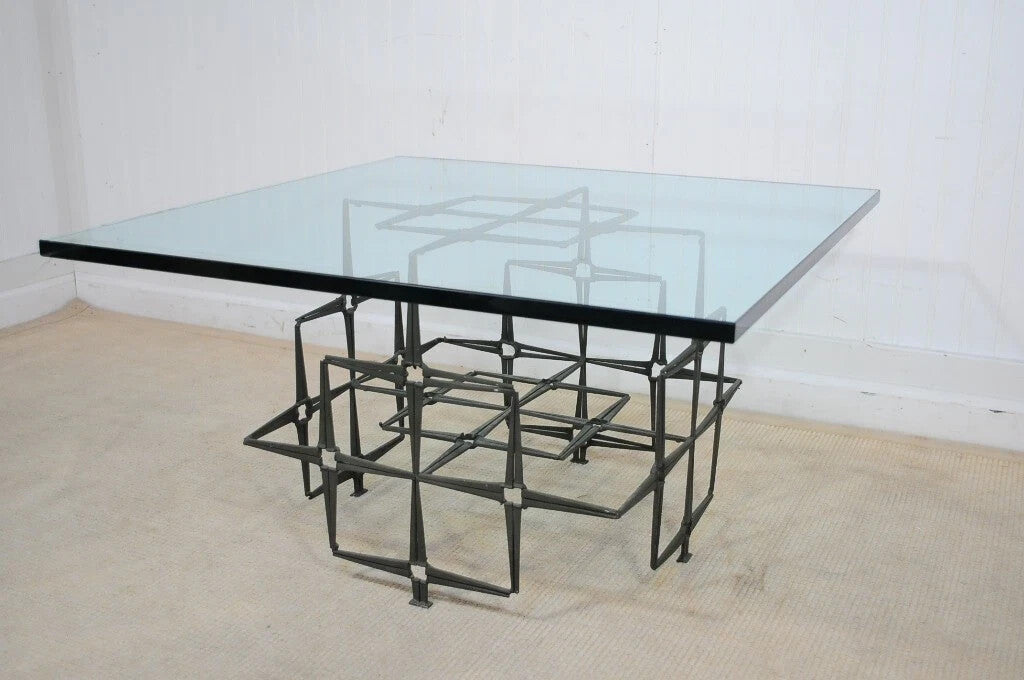 Trimark Mid Century Modern Green Brutalist Steel Nail Square Glass Coffee Table