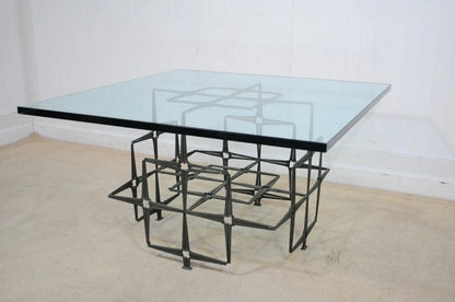 Trimark Mid Century Modern Green Brutalist Steel Nail Square Glass Coffee Table