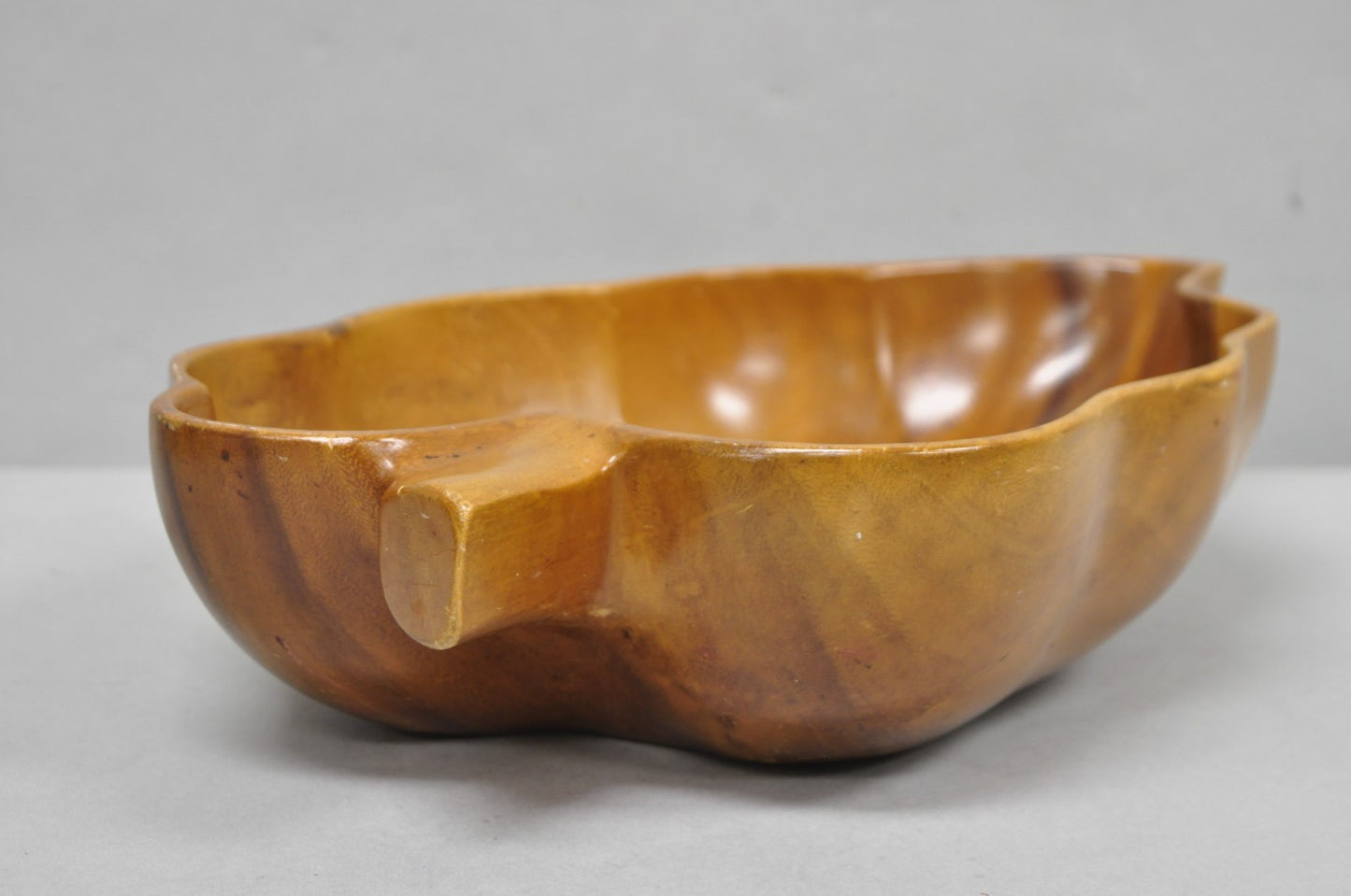 Vintage Mid Century Modern Monkey Pod Carved Koa Wood Banana Leaf 16" Fruit Bowl