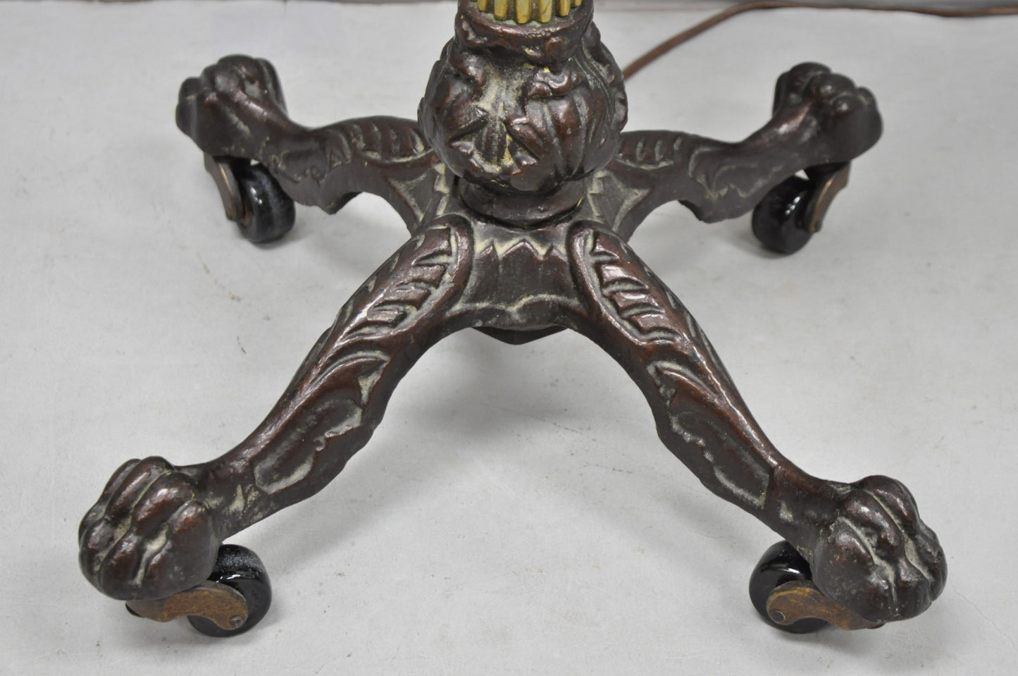 Antique English Victorian Cast Iron Paw Foot Walnut & Brass Lectern Table w Lamp