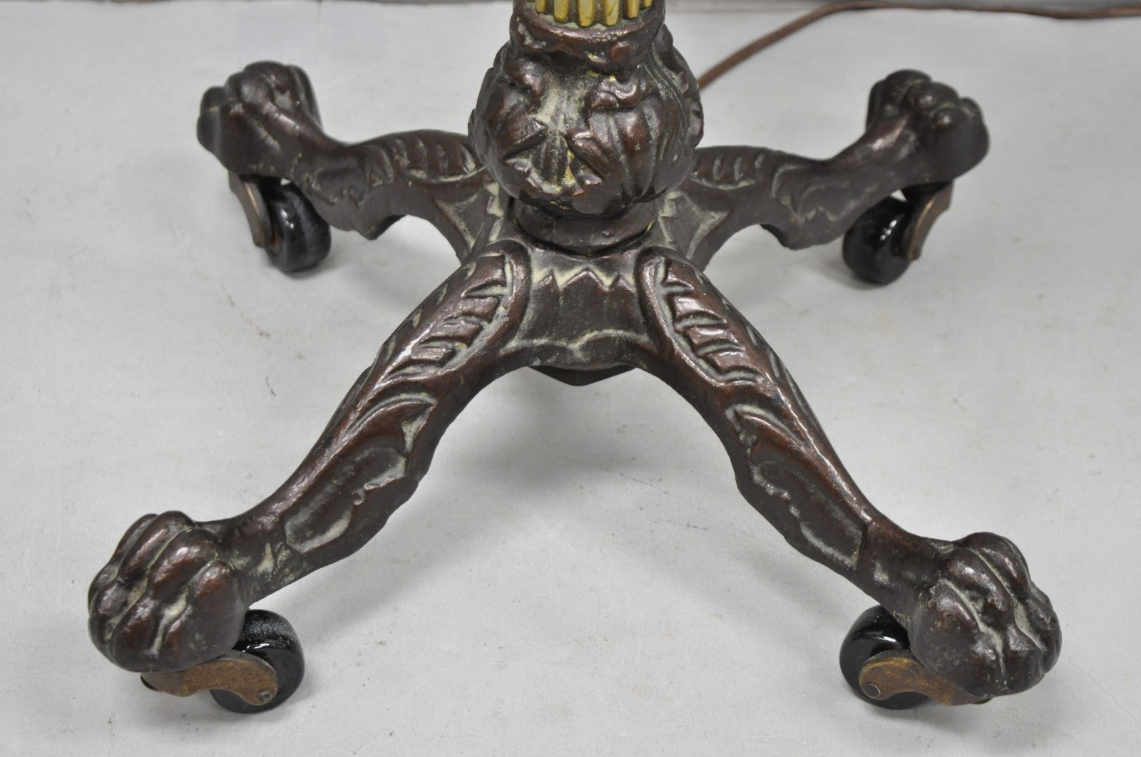 Antique English Victorian Cast Iron Paw Foot Walnut & Brass Lectern Table w Lamp