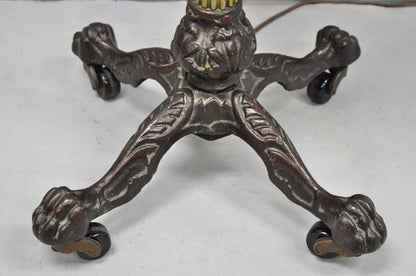 Antique English Victorian Cast Iron Paw Foot Walnut & Brass Lectern Table w Lamp