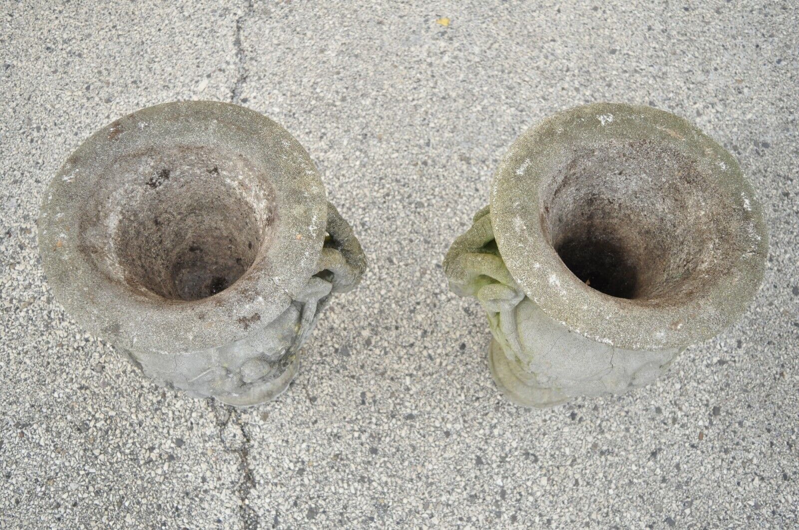 French Neoclassical 28" Concrete Figural Cherub Rams Garden Planters - a Pair