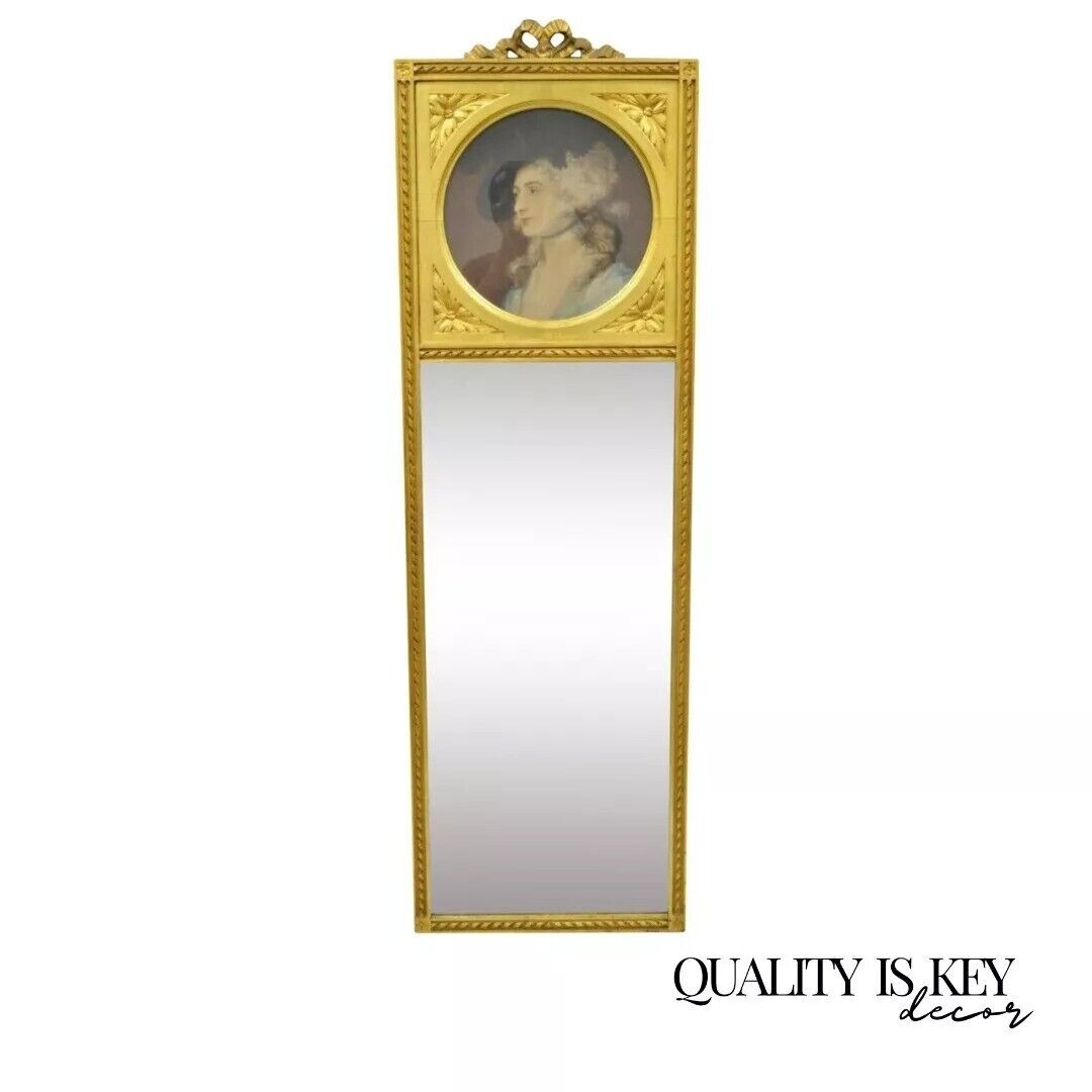 Antique French Louis XV Style Gold Gilt Wood Trumeau Mirror with Portrait Print