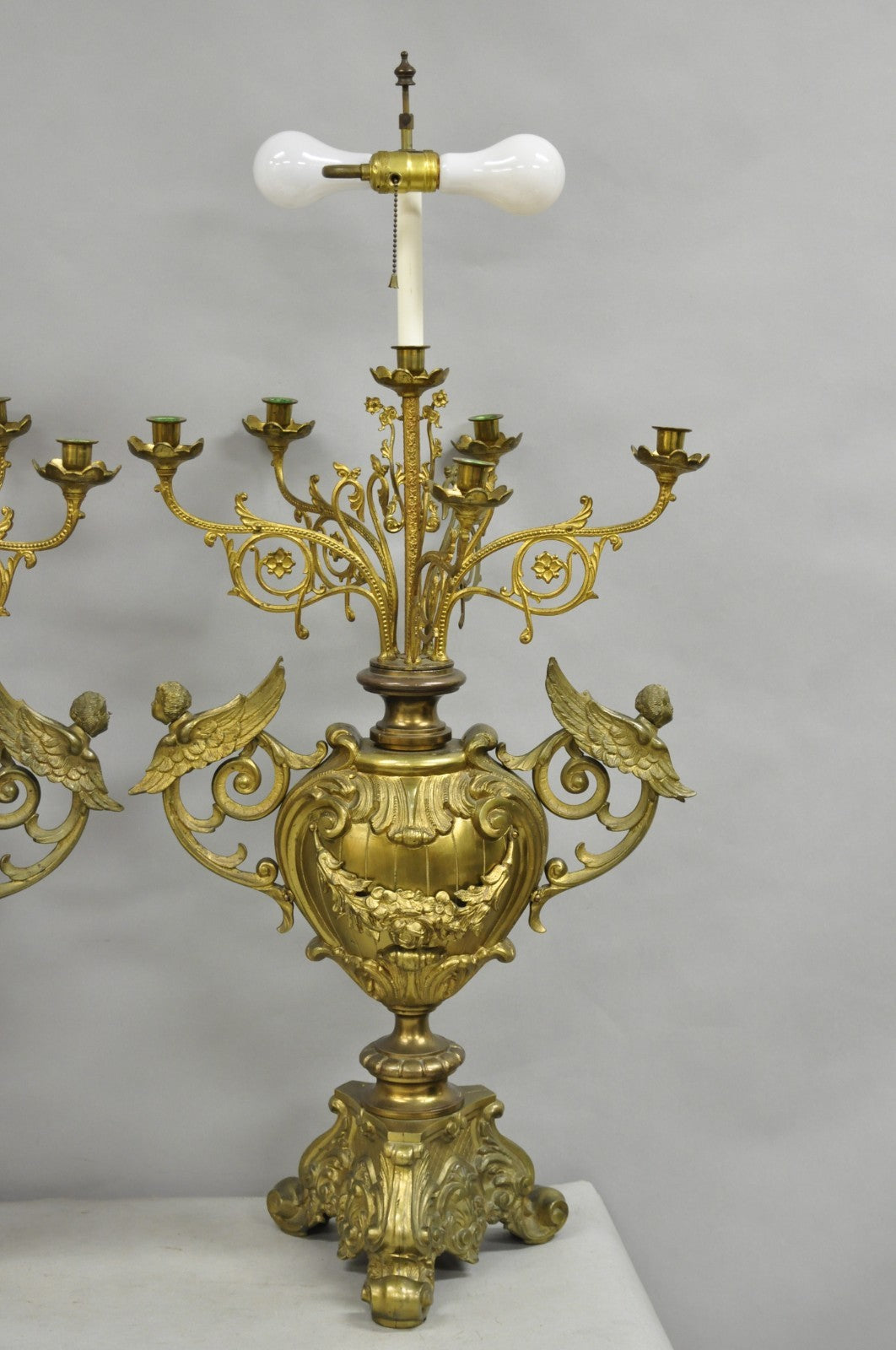 Large Antique French Rococo Louis XV Figural Cherub Bronze Candelabra Lamps Pair