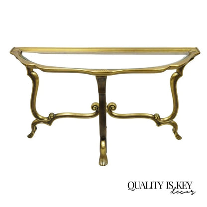 Vintage Hollywood Regency Mastercraft Style Brass Glass Console Sofa Hall Table