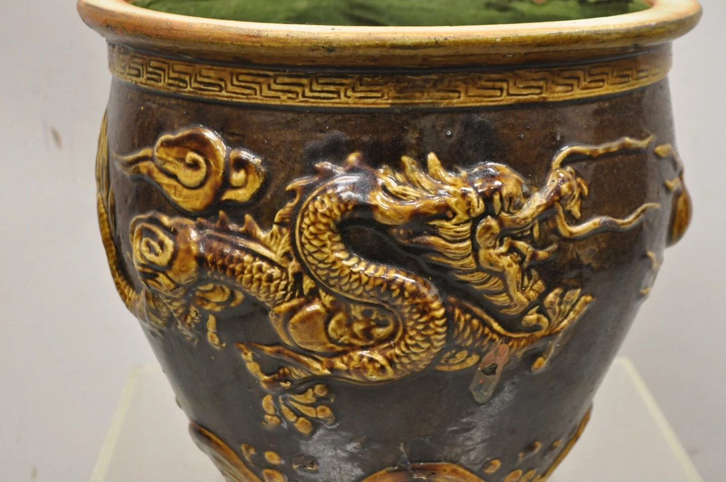 Antique Chinese Brown Glazed Ceramic Pottery Dragon Cachepot Jardinière - Pair