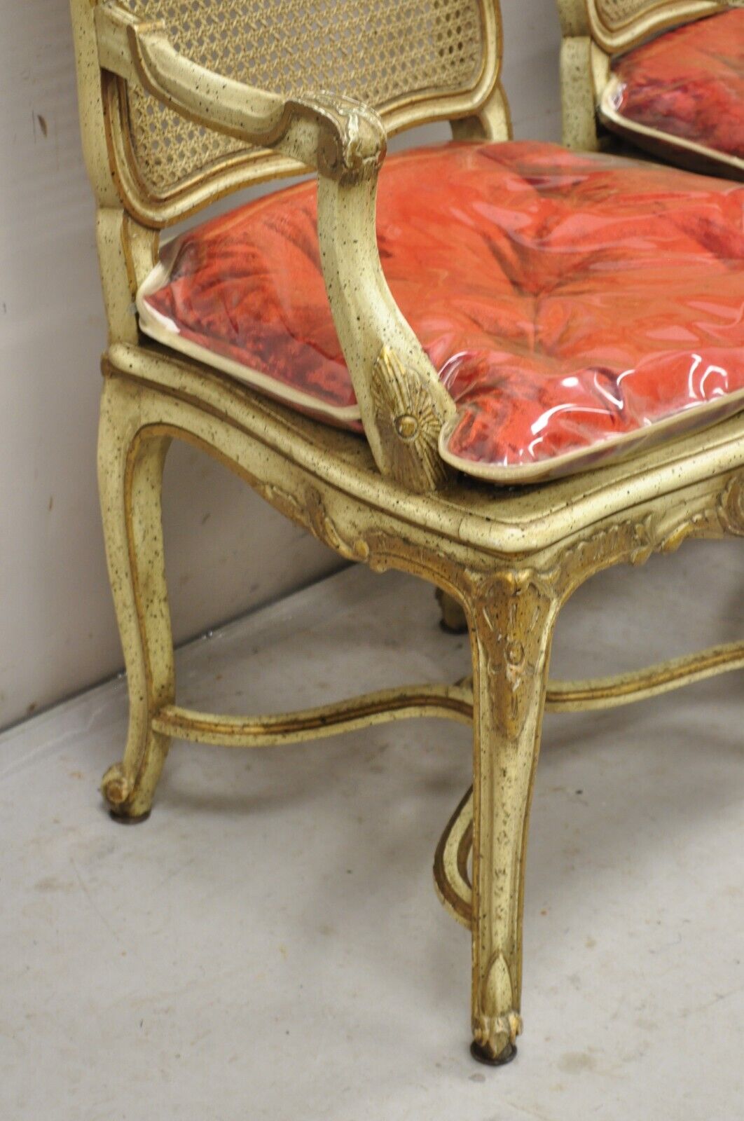 French Louis XV Style Cream Painted Carved Wood Cane Fauteuil Arm Chairs - Pair