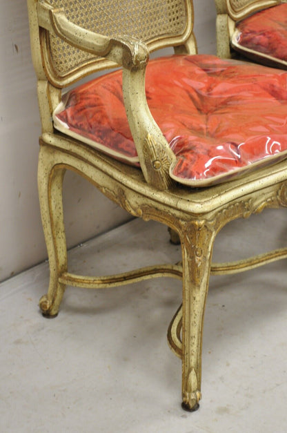 French Louis XV Style Cream Painted Carved Wood Cane Fauteuil Arm Chairs - Pair