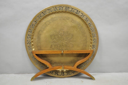 Vintage Moroccan 40" Round Brass Tray Top Teak Folding Spider Leg Coffee Table