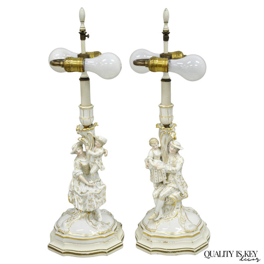Antique Meissen Porcelain German Figural Lighted Candlestick Table Lamps - Pair