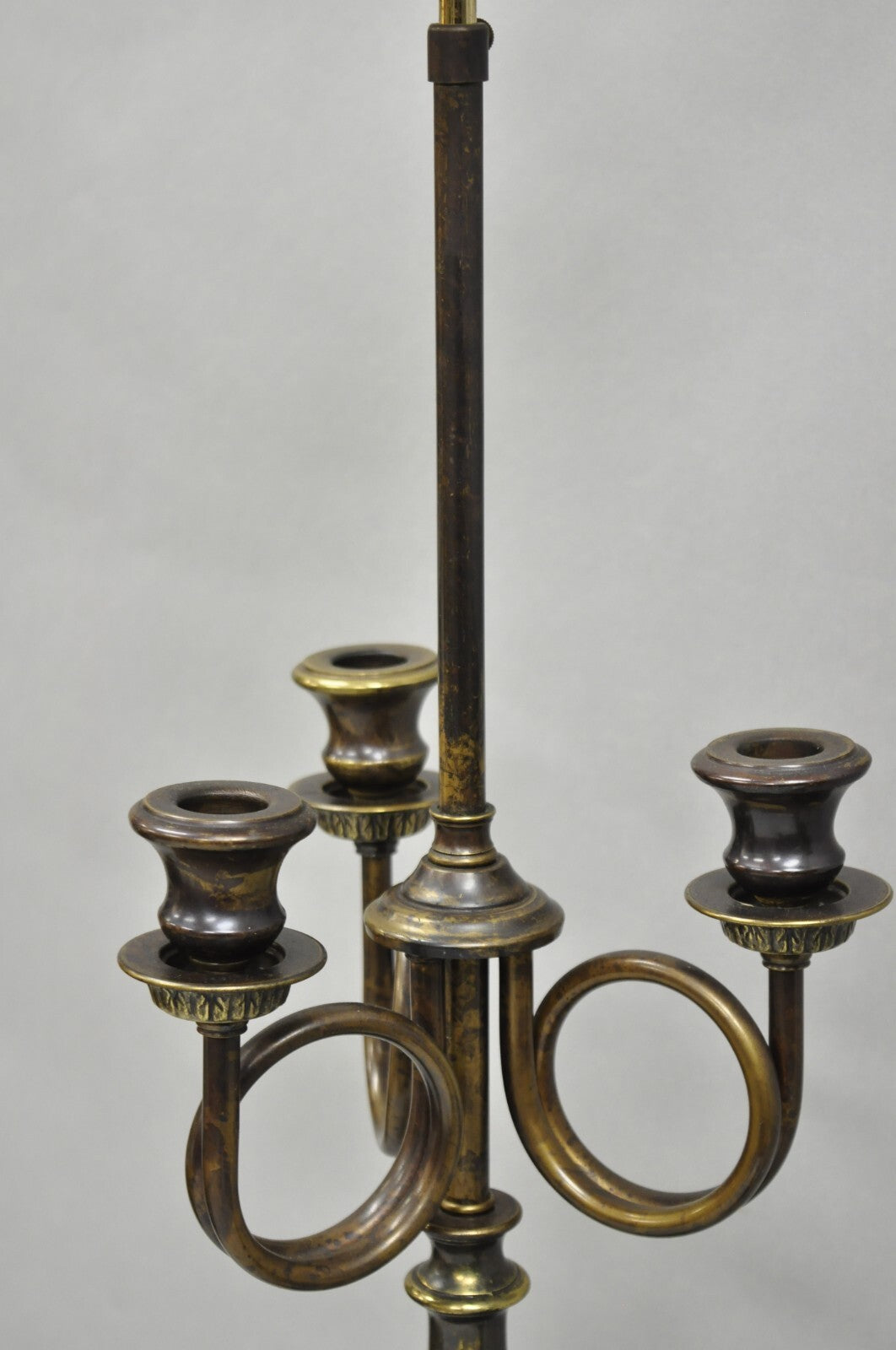 Frederick Cooper French Empire Brass Patina Trumpet Candelabra Table Lamp Pair