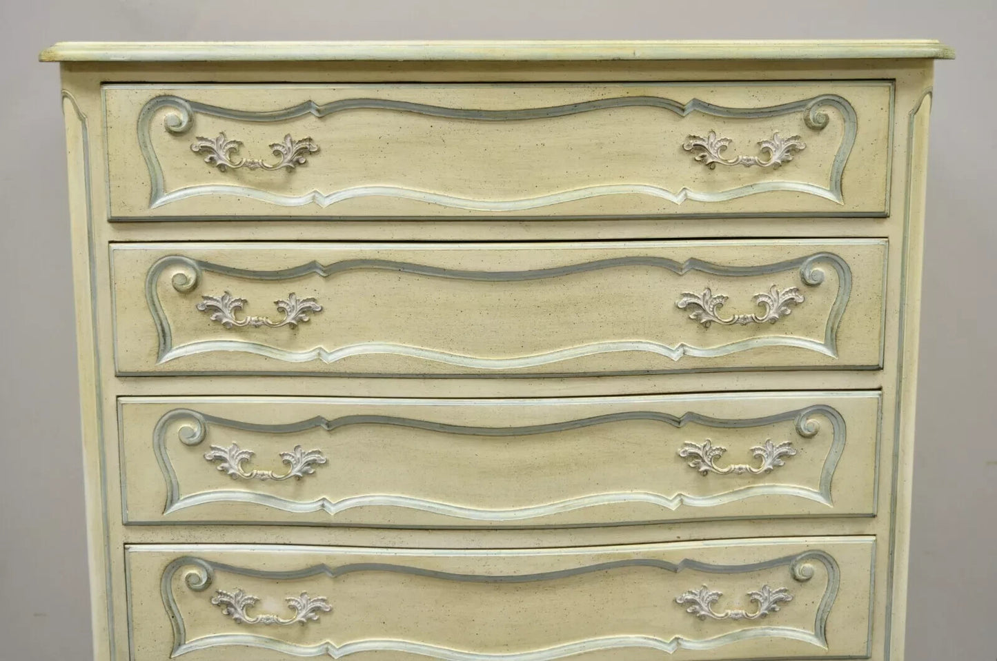 Vintage French Provincial Cream & Blue 9 Drawer Narrow 65" Tall Chest Dresser