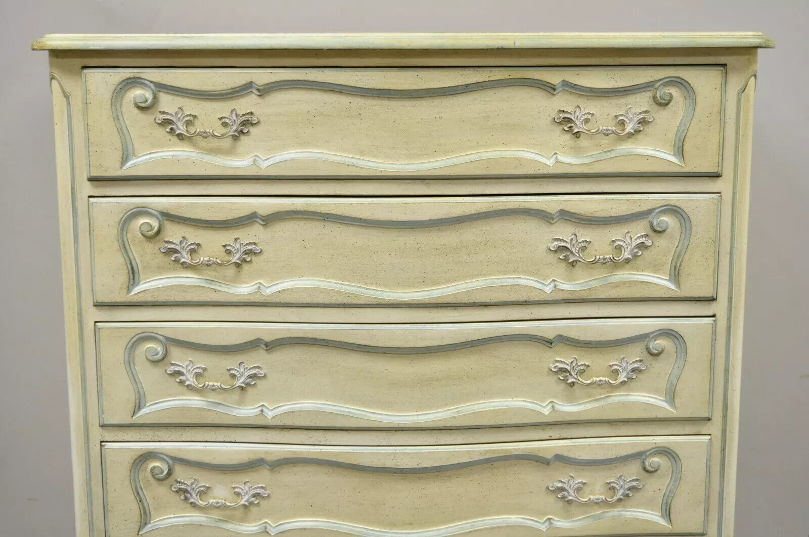 Vintage French Provincial Cream & Blue 9 Drawer Narrow 65" Tall Chest Dresser