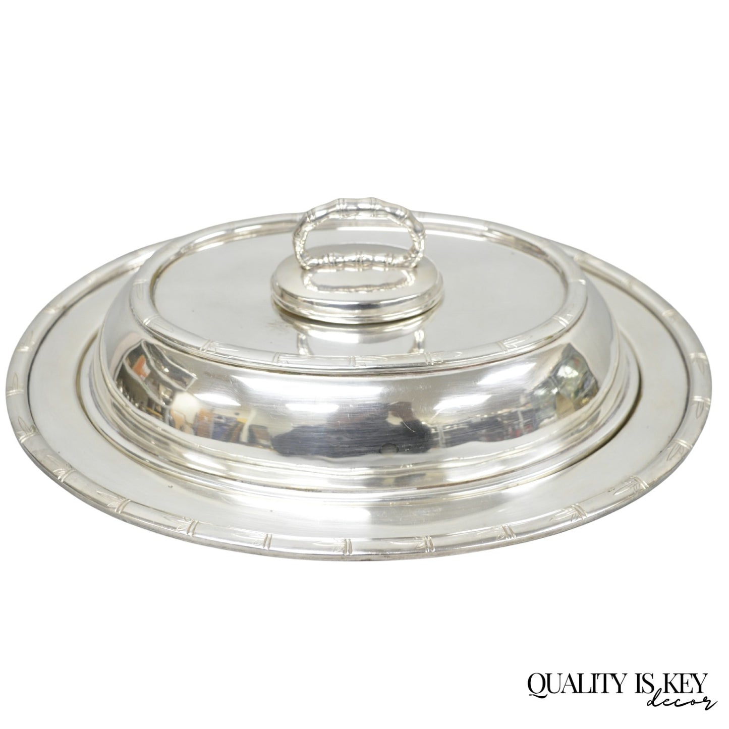 Vintage Hollywood Regency Silver Plated Faux Bamboo Oval Vegetable Serving Dish