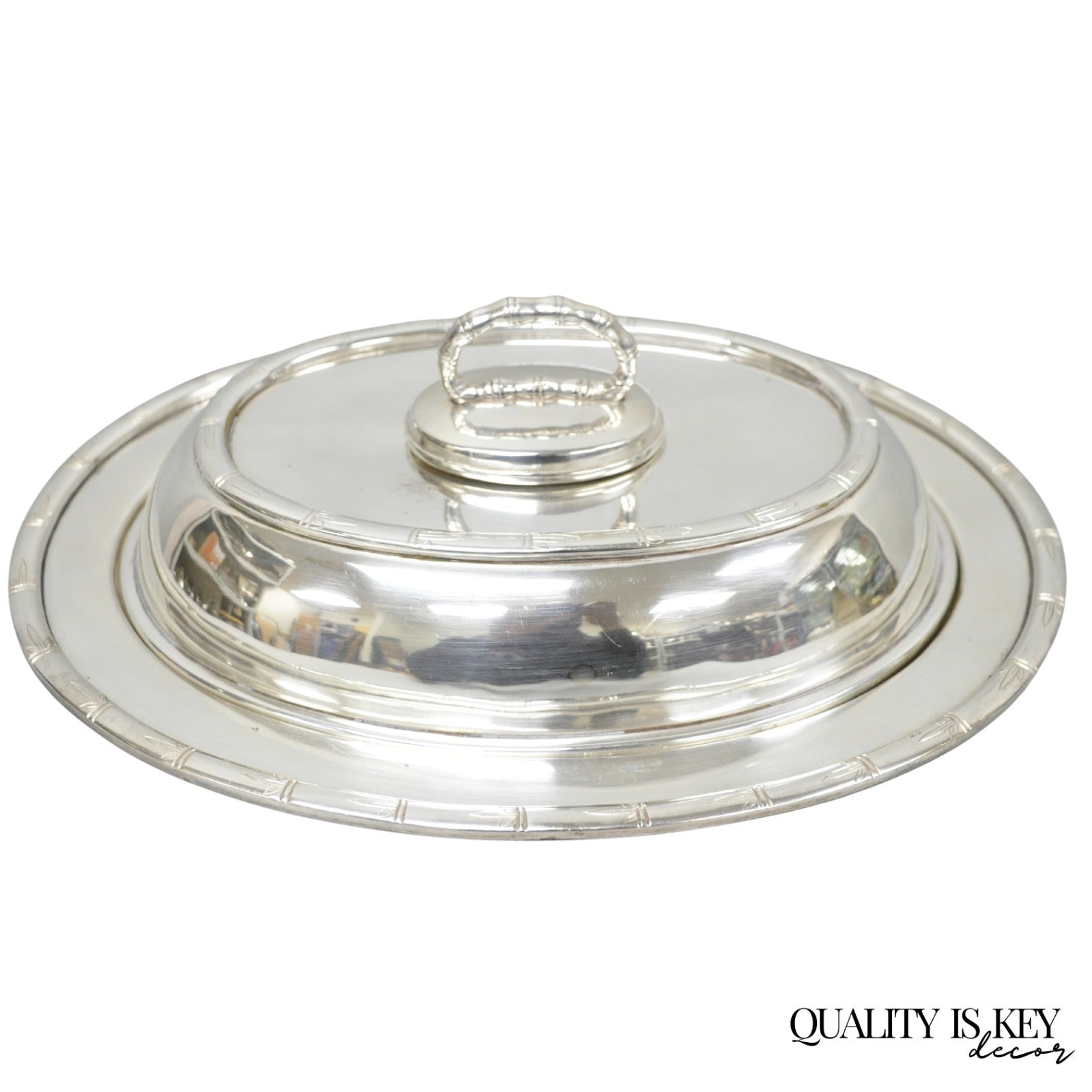 Vintage Hollywood Regency Silver Plated Faux Bamboo Oval Vegetable Serving Dish