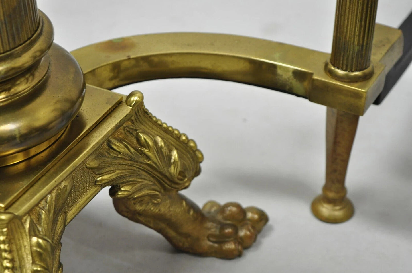 19th C. French Empire Bronze Large 32" Paw Foot Column Fireplace Andirons - Pair