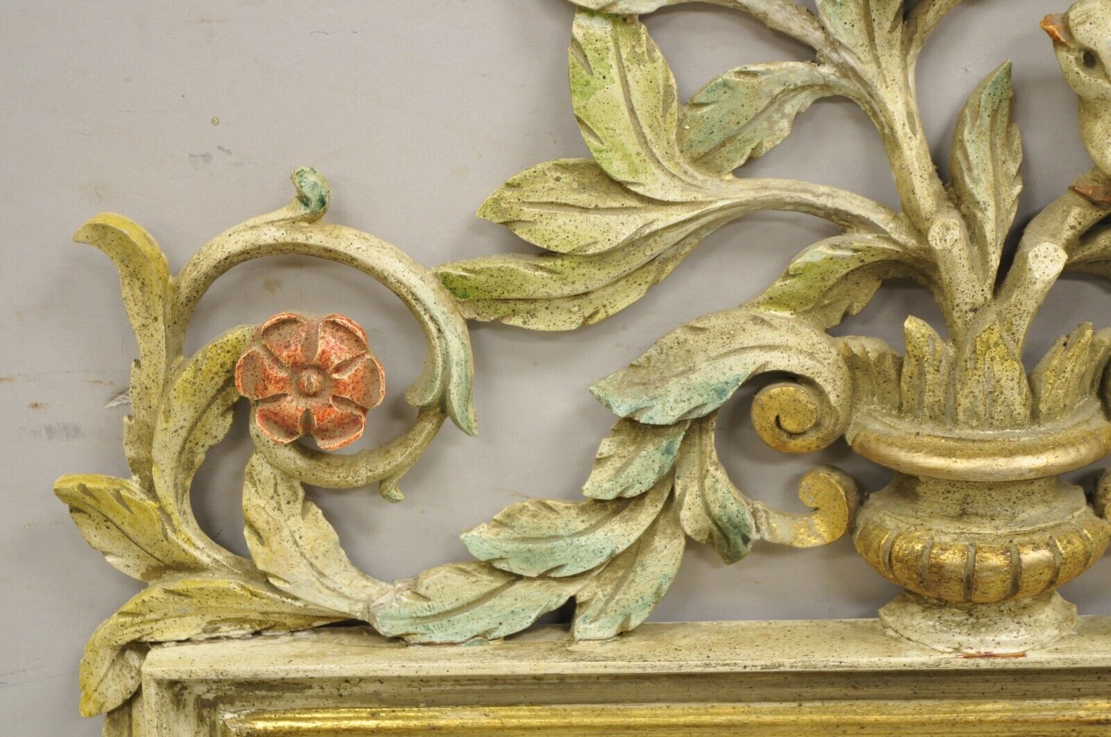 Vintage Italian Neoclassical Carved Wood Painted Birds & Flowers Wall Mirror