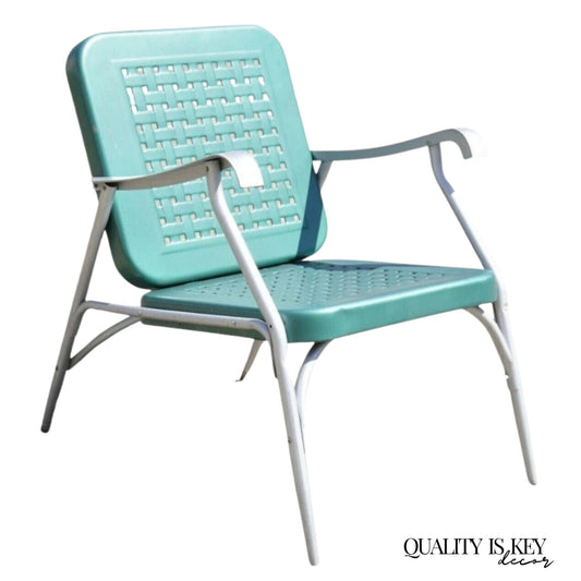 Vintage Green Metal Aluminum Basket Weave Patio Porch Outdoor Arm Chair