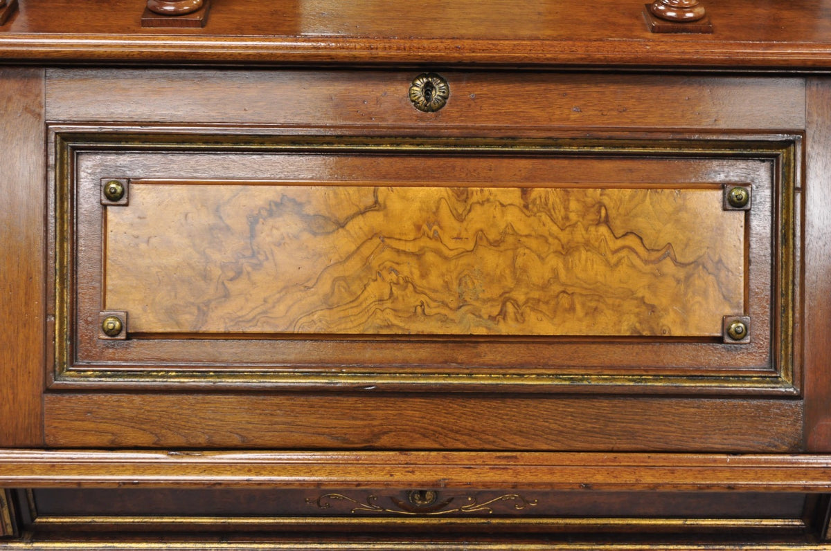 Antique Victorian Burl Walnut Slant Front Secretary Writing Desk with Mirror
