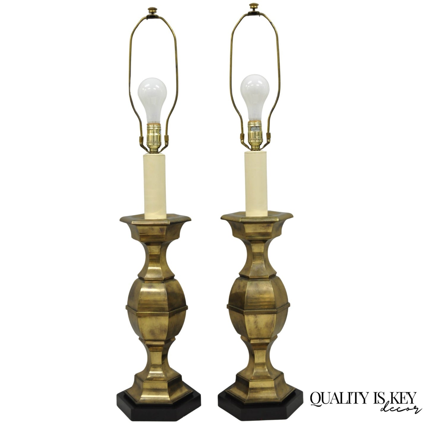 Vintage Hollywood Regency Burnished Brass Candlestick Table Lamps - a Pair