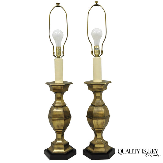 Vintage Hollywood Regency Burnished Brass Candlestick Table Lamps - a Pair
