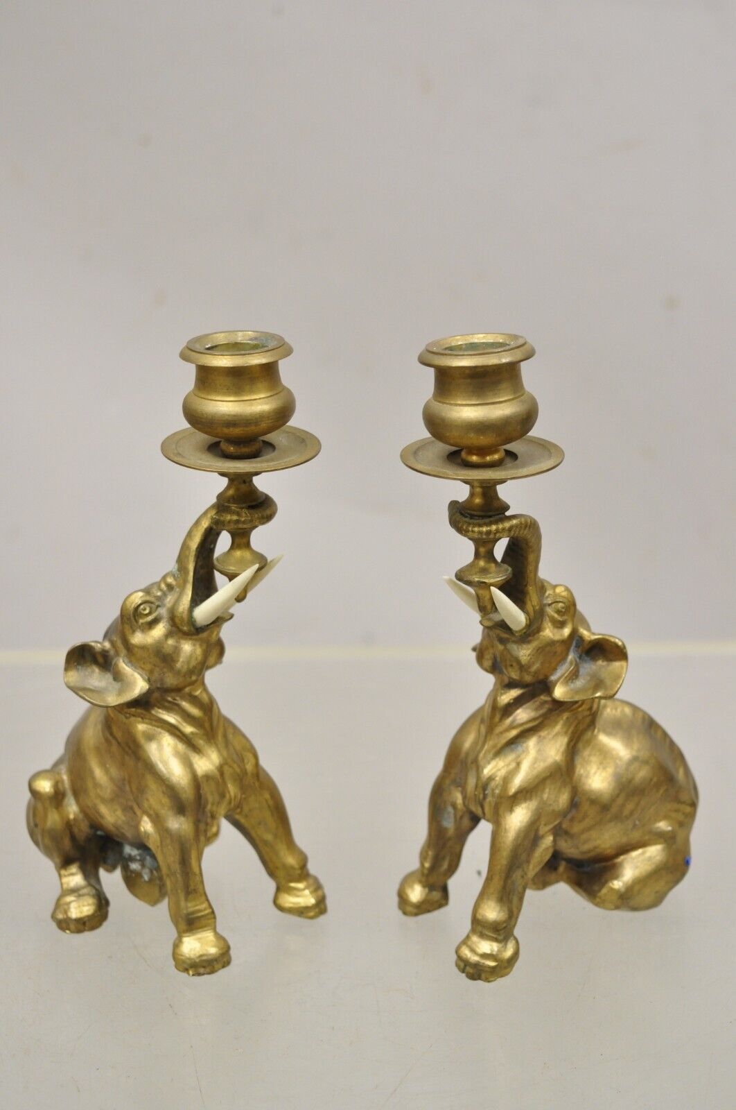 Vintage Gilded Brass Bronze Figural Elephant Small Candlesticks - a Pair